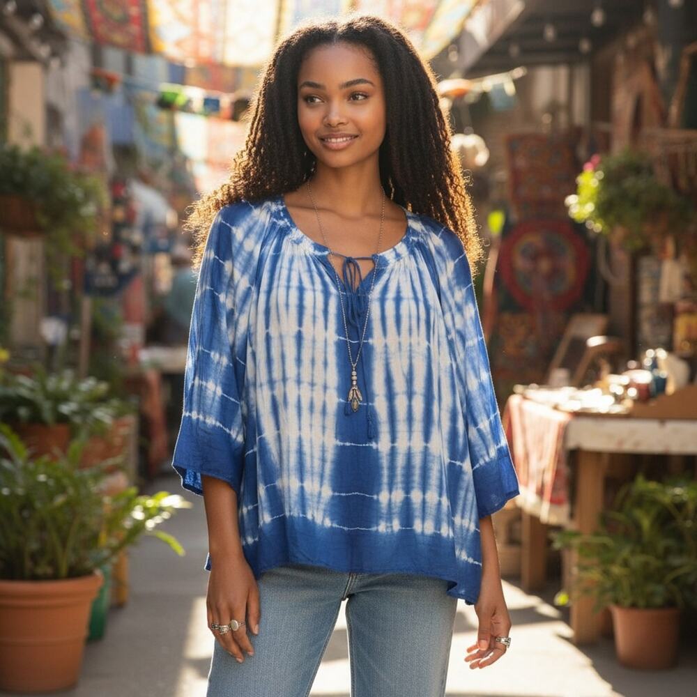 Calvin Klein top Resort Tie Dye 100% Silk Sz L Blue White Split Neck